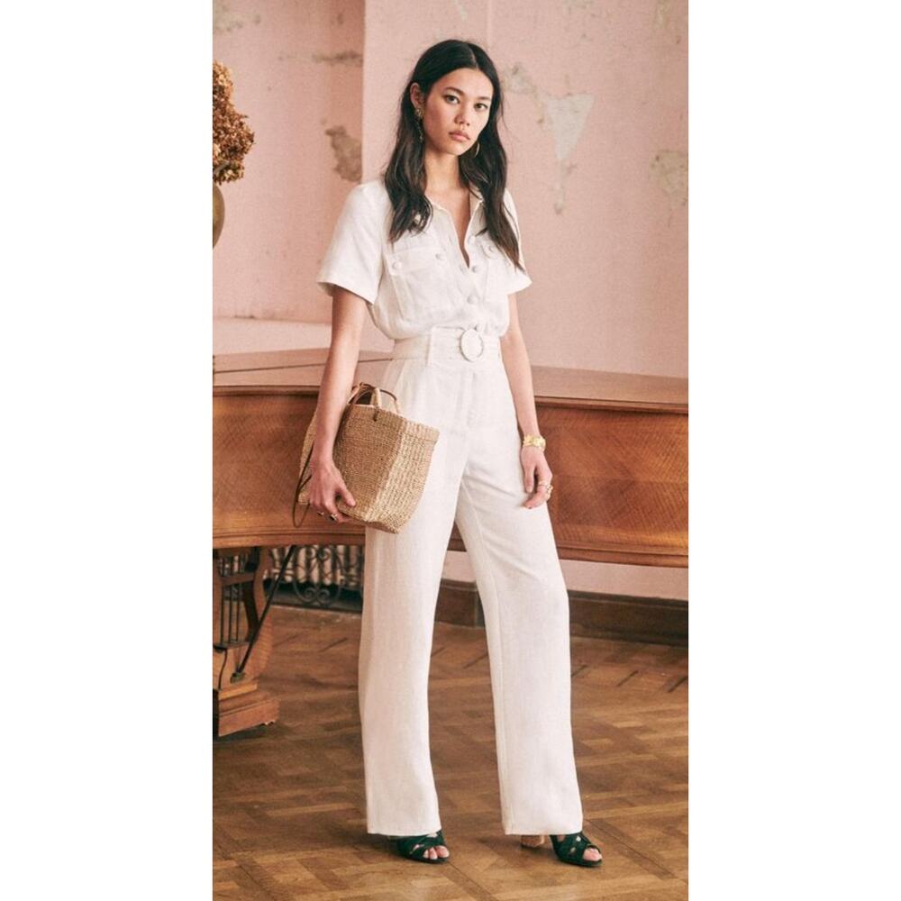 Sezane White Short-Sleeve Belted Jumpsuit